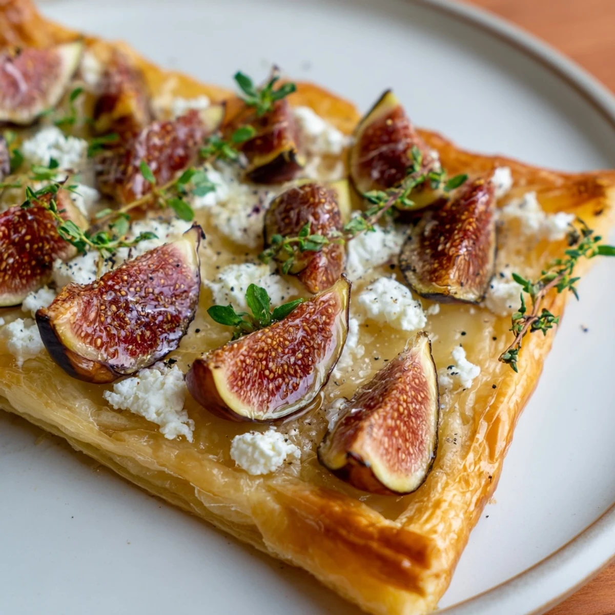 Golden-brown puff pastry truffle pizza with figs, creamy goat cheese, and a honey drizzle.