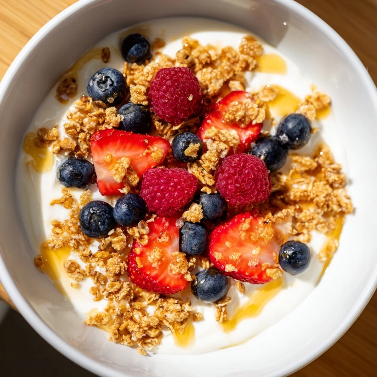 Cottage Cheese Hot Honey Bowl: A beautiful bowl of creamy cottage cheese with berries and a hot honey drizzle.
