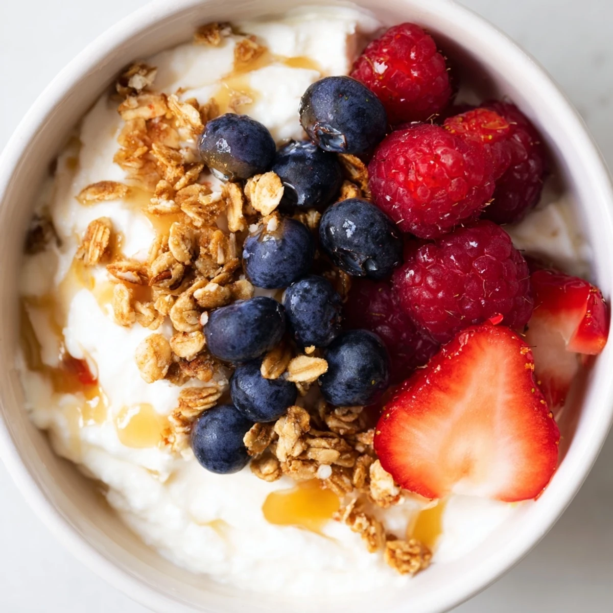 Fresh berries and crunchy granola top a cottage cheese hot honey bowl, a delightful snack or breakfast.