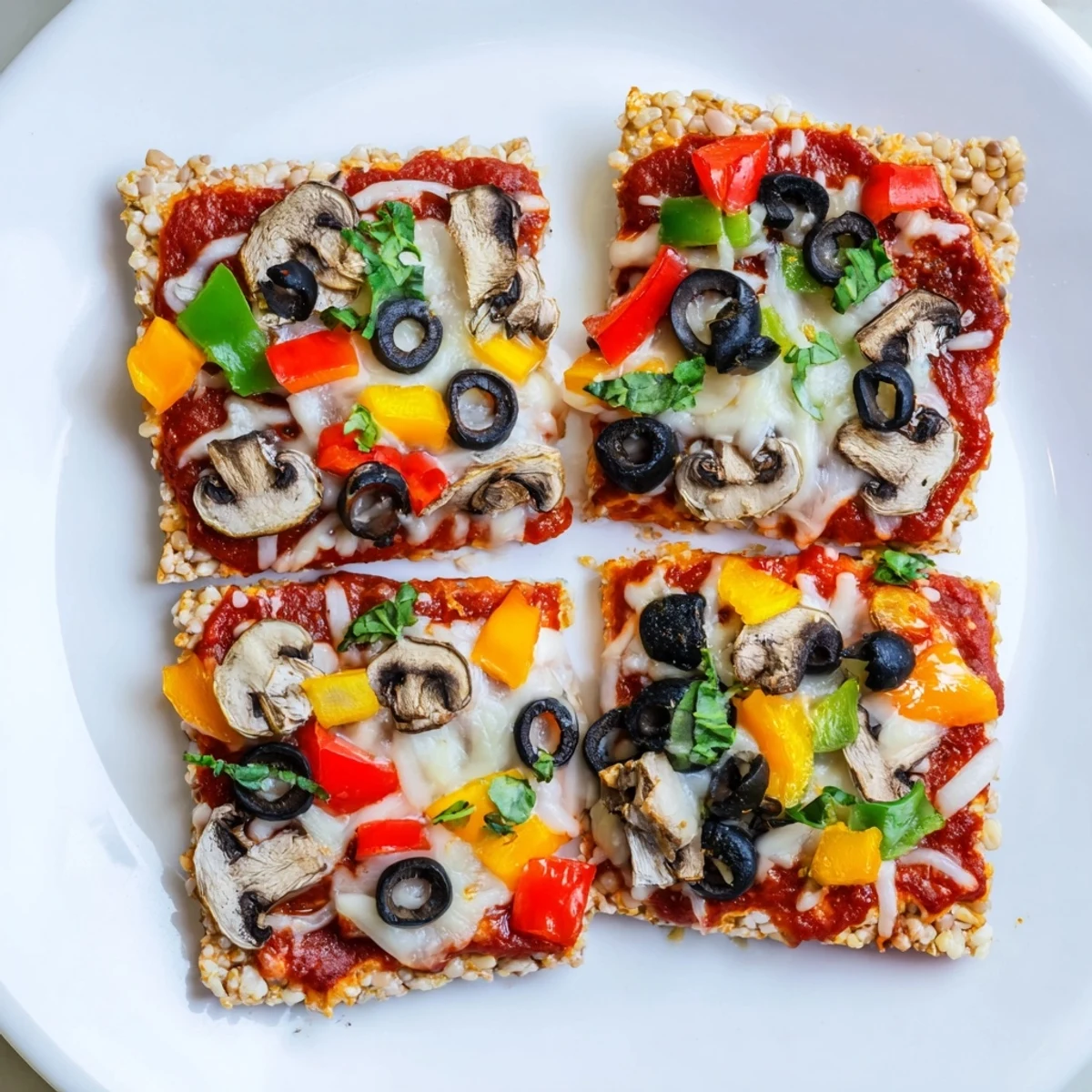 Golden, bubbly Rice Cake Pizza Squares, topped with melted cheese and fresh basil, ready to enjoy.