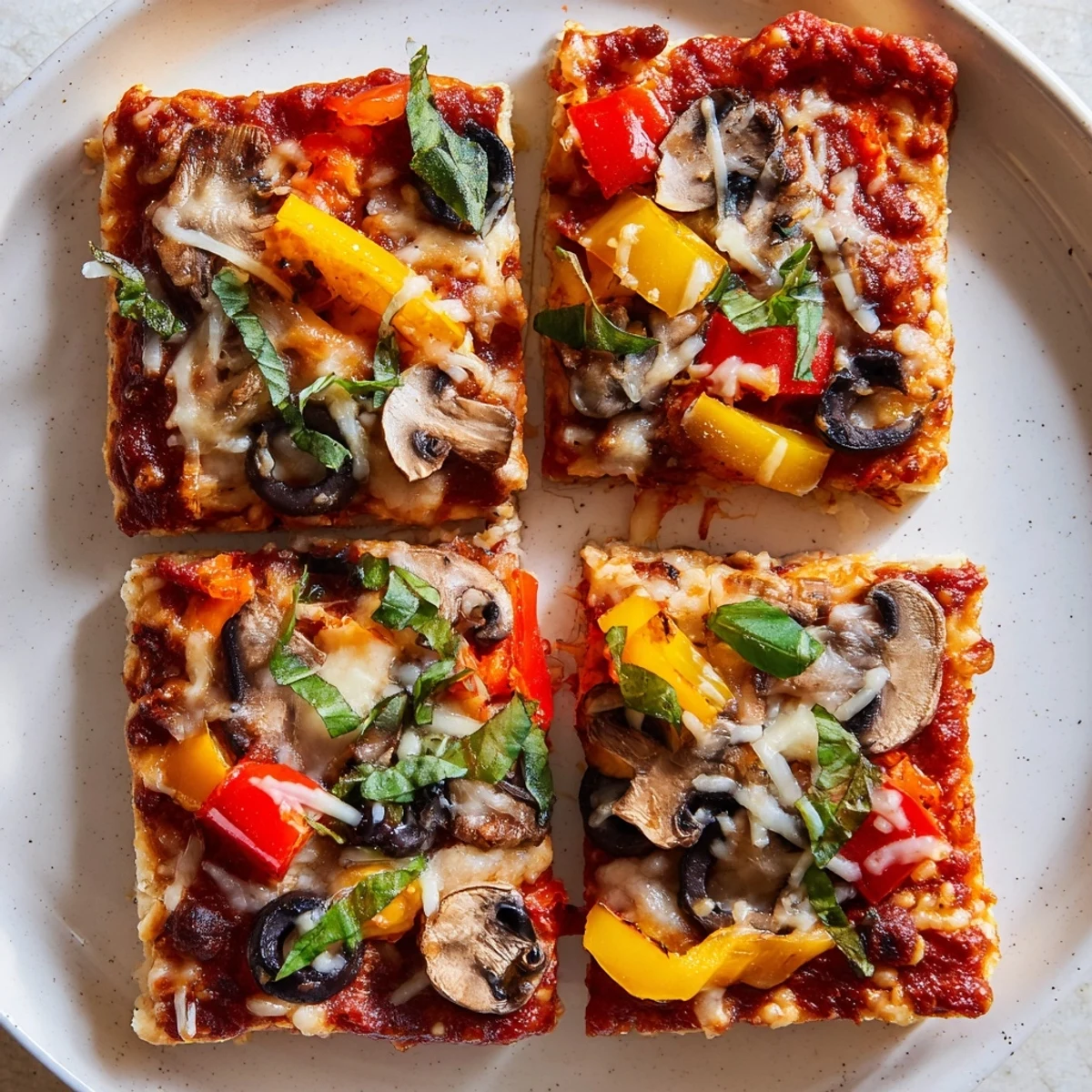 Close-up of crispy Rice Cake Pizza Squares featuring vibrant toppings; a quick and easy appetizer.