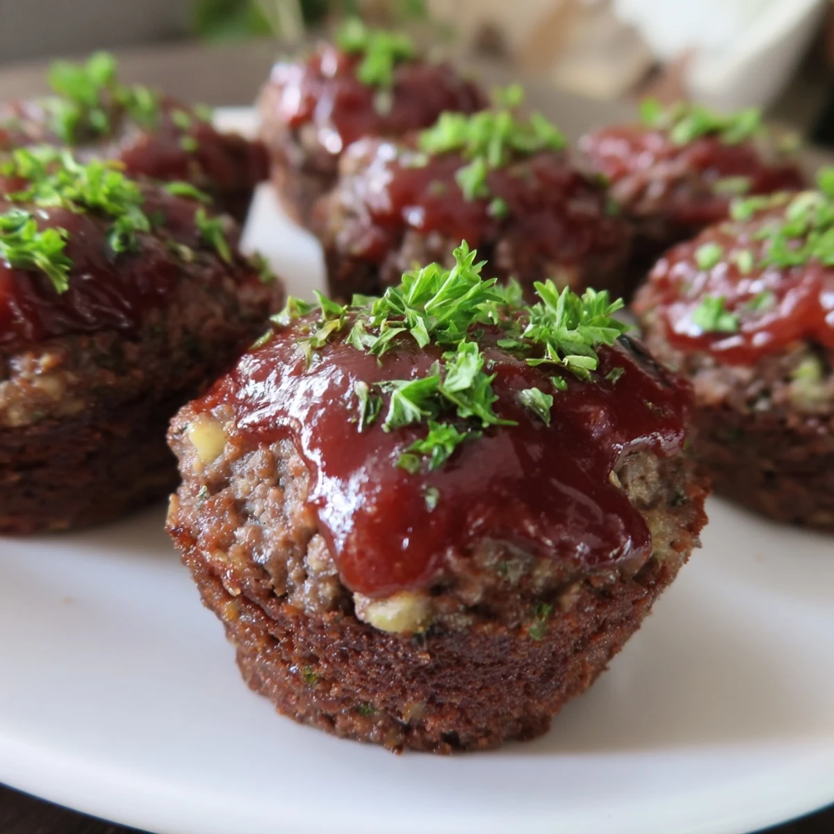 A close-up of golden-brown mini meatloaf bites, baked and ready to enjoy with a tangy sauce.