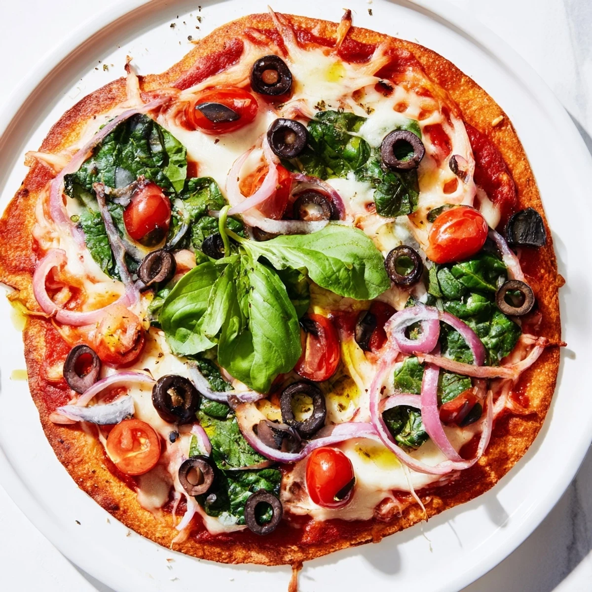 Golden-brown Crispy Tortilla Pizza, fresh from the oven, with melted cheese and vibrant toppings.