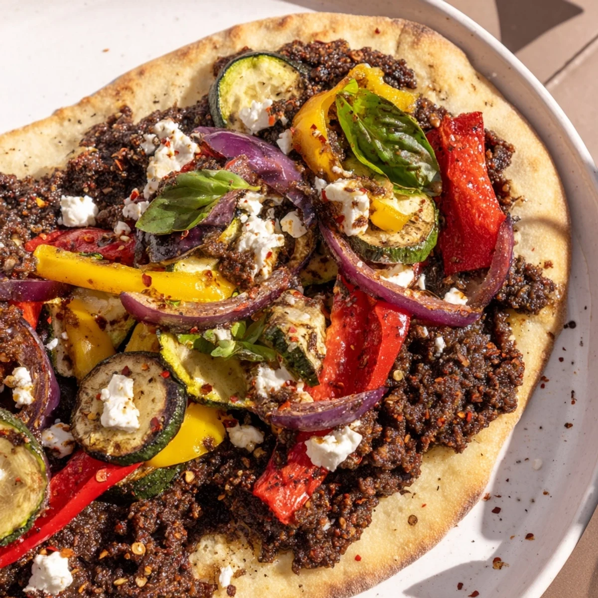 Mediterranean naan bread pizza with vibrant roasted vegetables and creamy feta cheese, ready to enjoy.