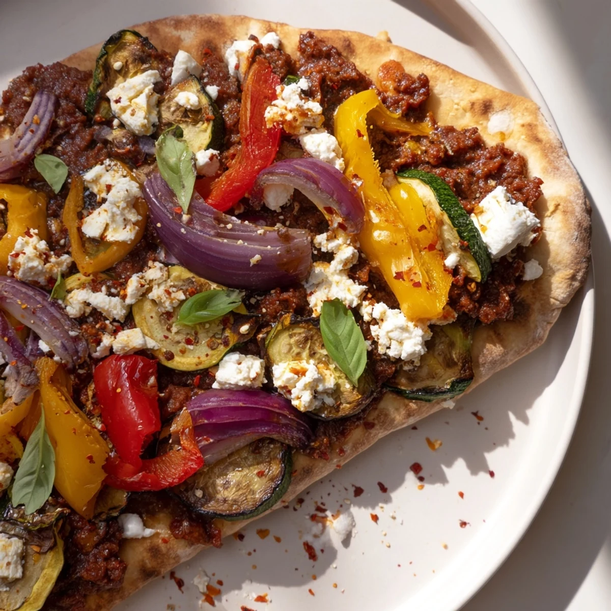 Golden-brown naan bread pizza topped with olive tapenade, feta, and sweet, roasted vegetable medley.