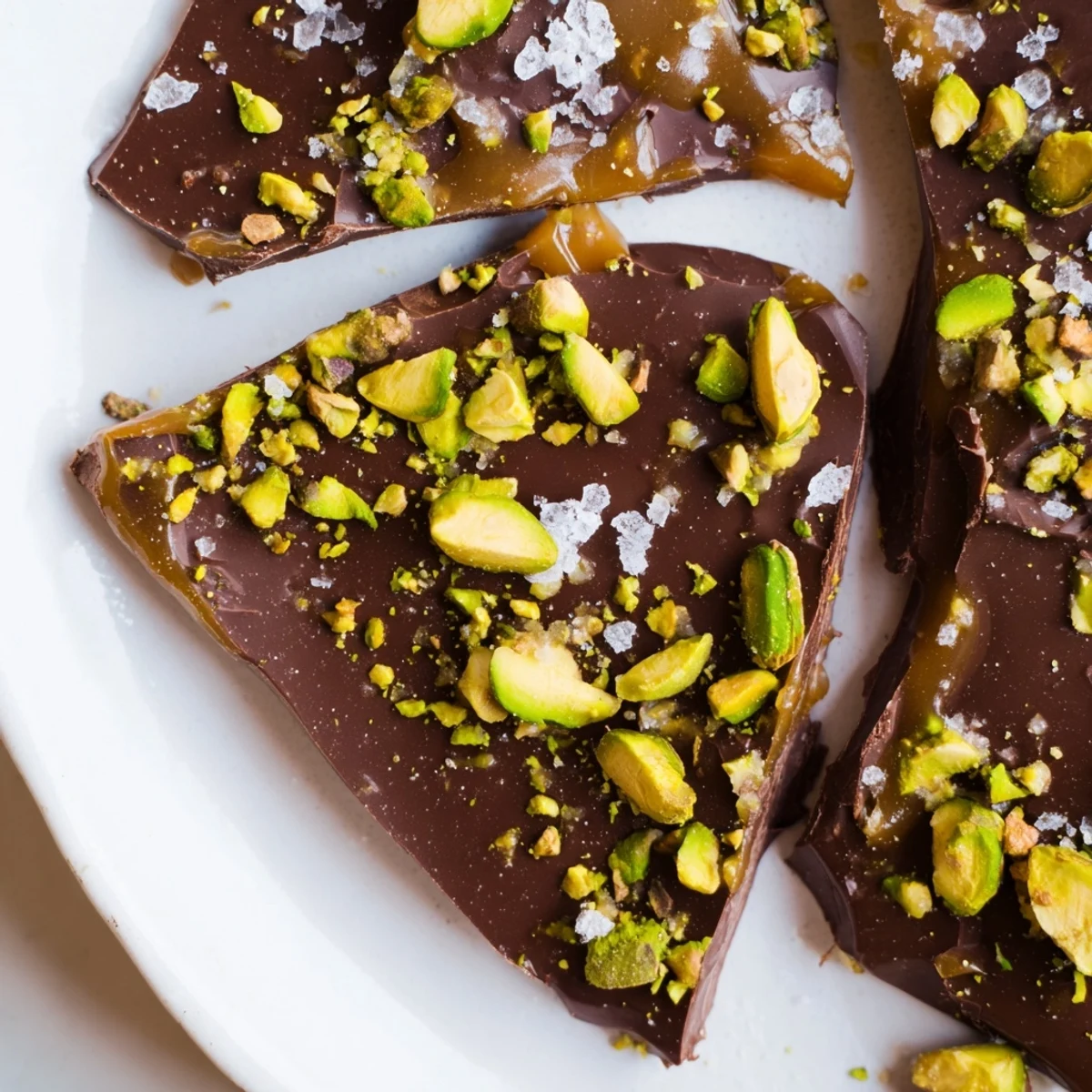 Pistachio Salted Caramel Bark: A close-up shows the decadent layers of caramel and chocolate.