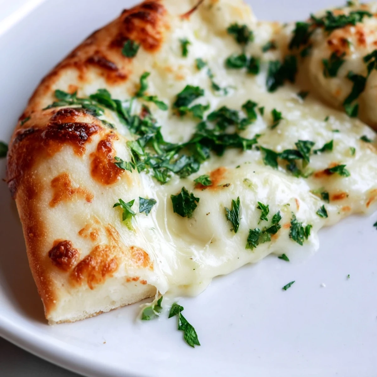 Ein würziges Creamy Garlic White Pizza mit knusprigem Rand, überzogen mit cremiger Knoblauchsauce und geschmolzenem Mozzarella.