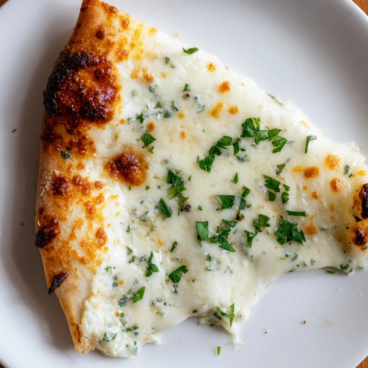 Ein frisch gebackenes Creamy Garlic White Pizza auf einem hölzernen Brett, garniert mit Petersilie und mit einer Weinpaarung serviert.