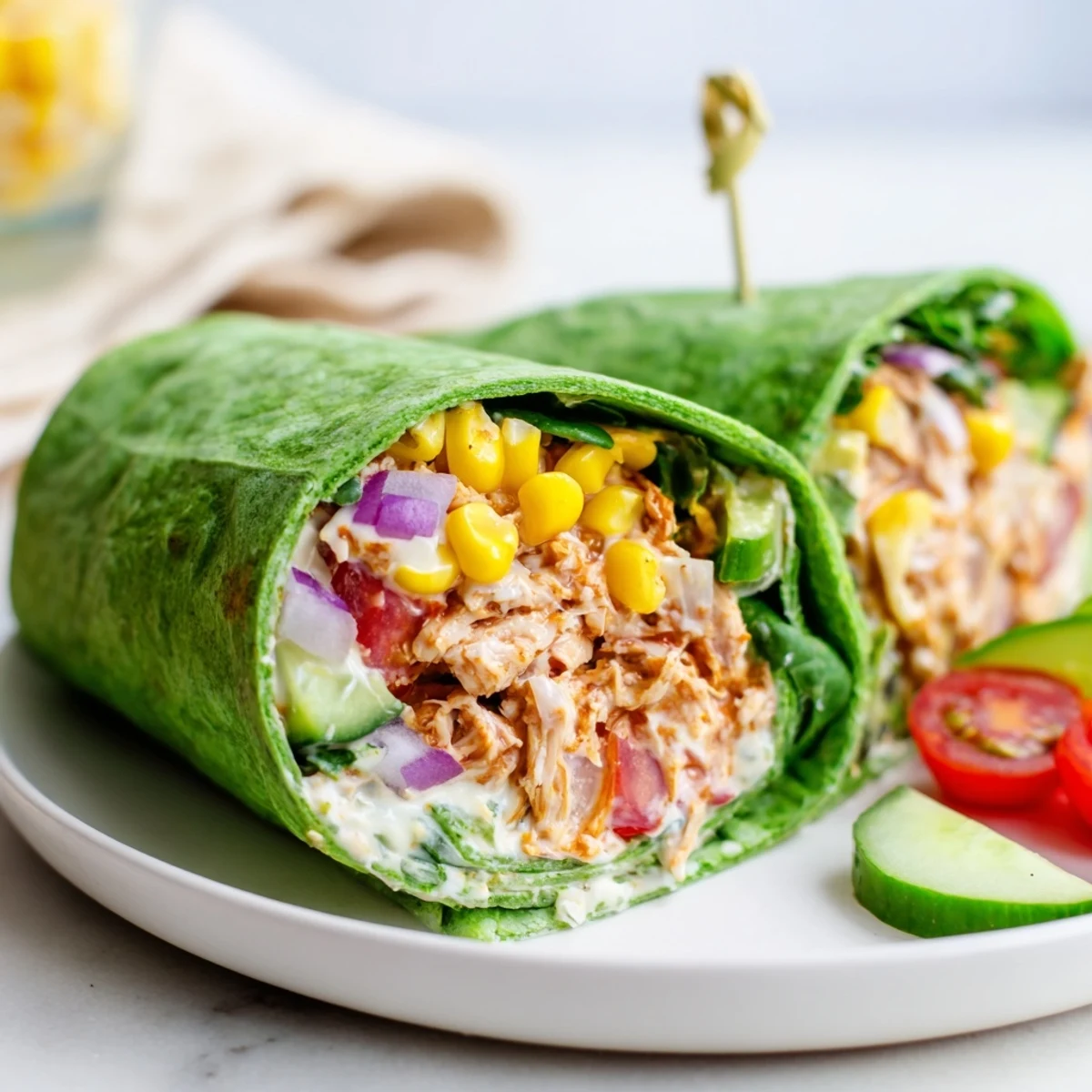 Ein halbierter BBQ Chicken Salad Wrap auf einem Holzbrett, gefüllt mit saftigem BBQ-Hähnchensalat, knackigem Römersalat und buntem Gemüse, umwickelt in einer frischen Spinattortilla.