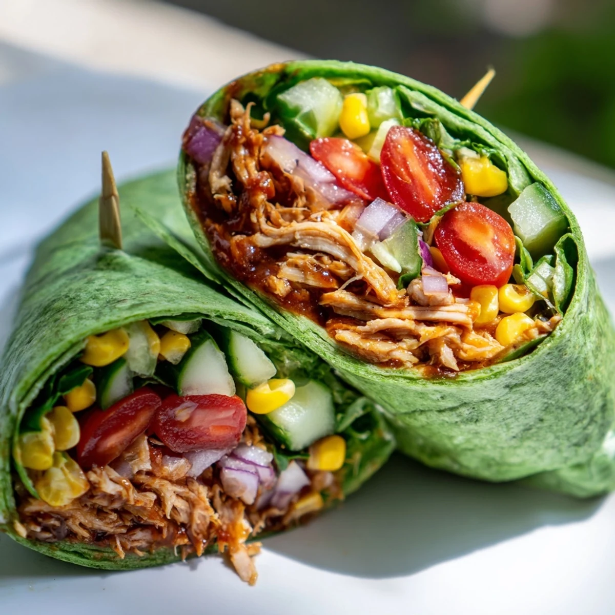 Geschnittener BBQ Chicken Salad Wrap in einer weißen Schale, neben knusprigem Gemüse, cremiger Joghurt-Dressing-Note und einem Streifen Spinattortilla für den perfekten Lunch.