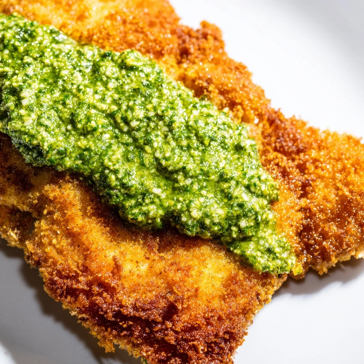 Crispy Pesto Chicken Cutlets on a plate, golden-brown, topped with fresh basil and served with lemon wedges.  