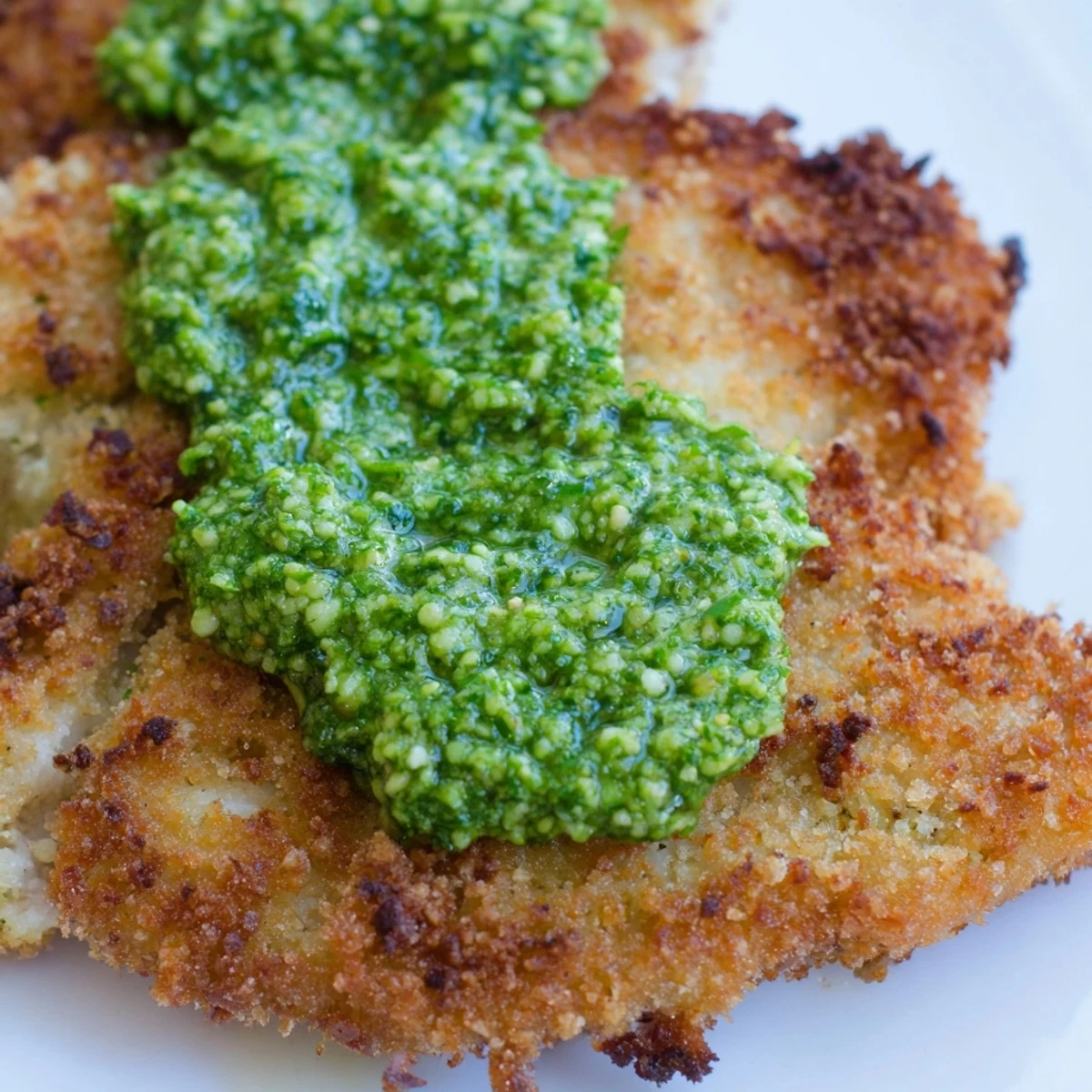 Close-up of Crispy Pesto Chicken Cutlets, showing crunchy Parmesan breadcrumbs and a fresh basil garnish on a dinner platter.