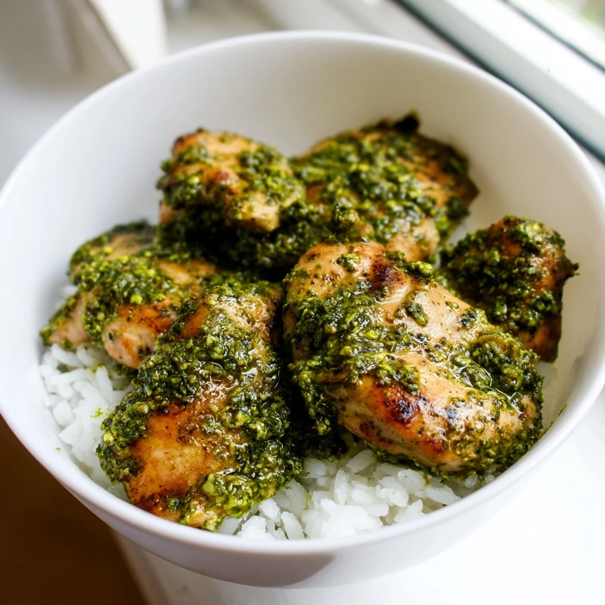 Ein leckerer Schalenreis mit zartem Hühnchen und Basilikum-Pesto, garniert mit frischen Tomaten und Pinienkernen.