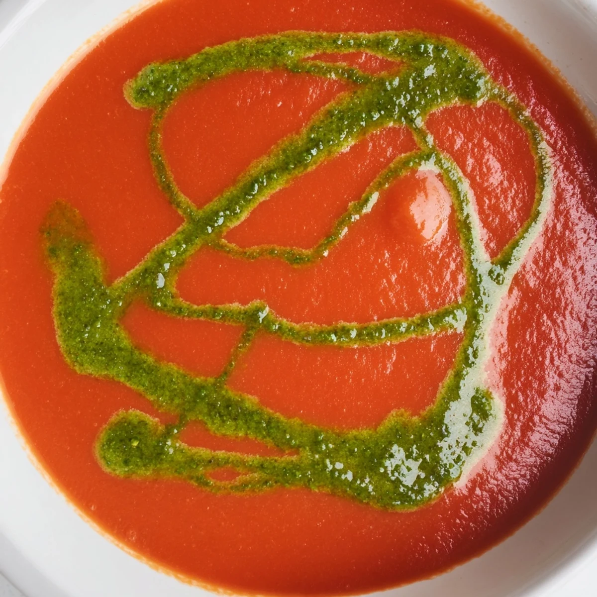 Tomato Soup with Basil Pesto Swirl served in a rustic white bowl with a green drizzle.