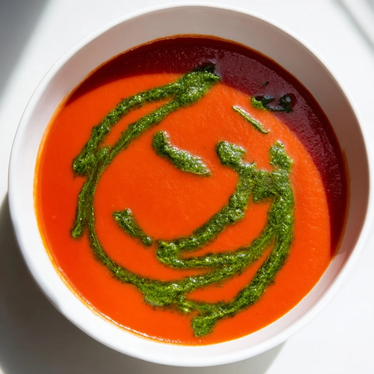 A ladle pouring velvety Tomato Soup with Basil Pesto Swirl into a bowl next to ingredients.