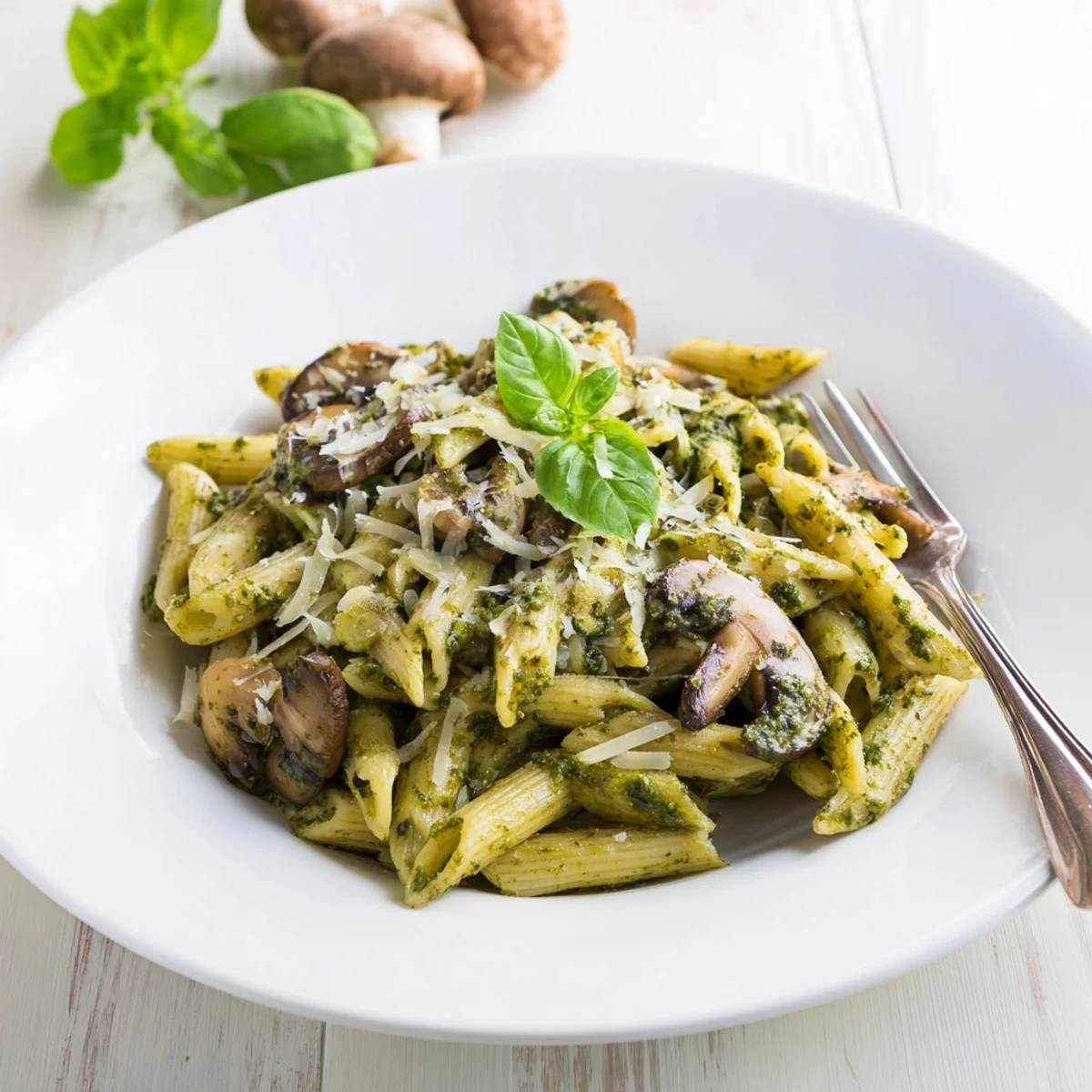 Frische Mushroom Pesto Pasta mit cremiger Basilikum-Sauce und goldenen Pilzen, perfekt für ein schnelles Abendessen.