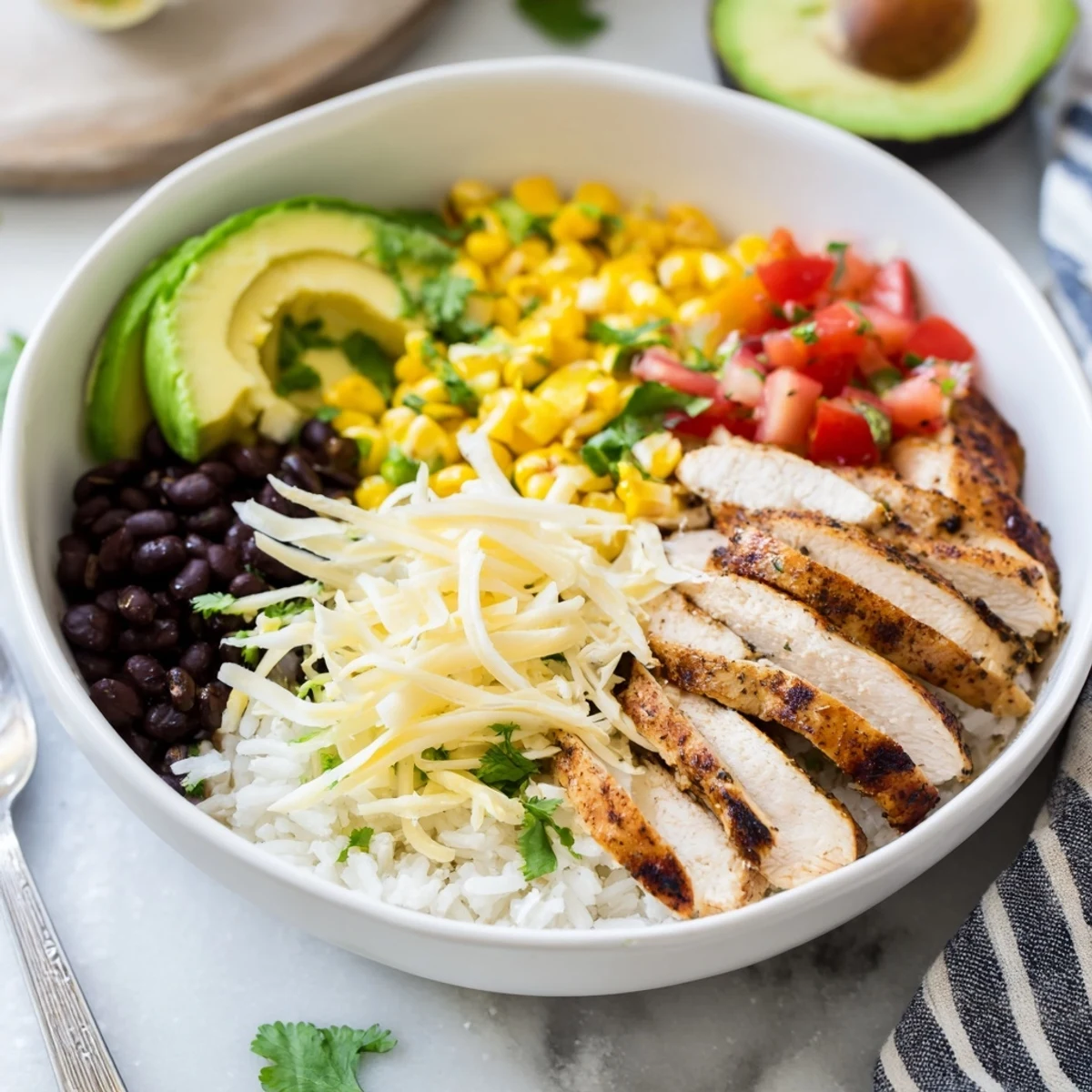 Ein leckerer Spicy Chicken Burrito Bowl mit Avocado und frischer Salsa im Fokus.