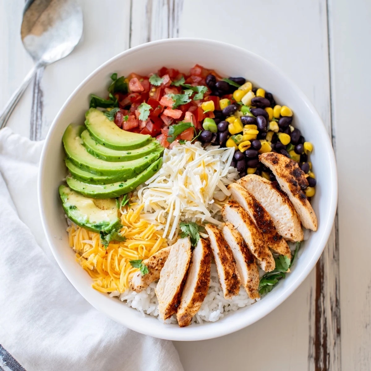 Frisch gegrillte Hähnchenbrust mit Reis, schwarzen Bohnen und Mais in einer Schüssel.