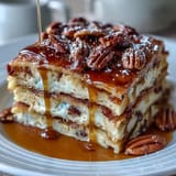 2. Gebackener Pancake-Auflauf mit süßem Ahornsirup, dekoriert mit gehackten Nüssen und Puderzucker, ideal für einen süßen Start in den Tag.