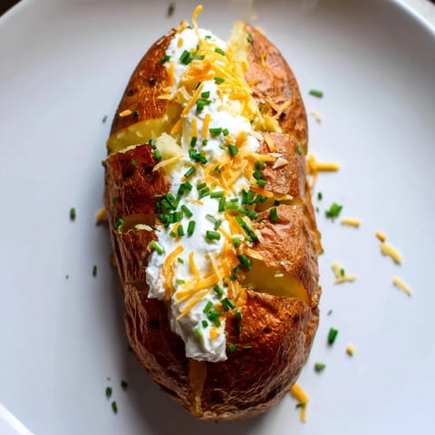 Golden-brown The Ultimate Baked Potato, ready to be topped with melting butter and chives.