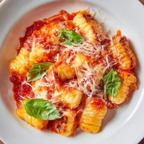 Golden baked homemade potato gnocchi swimming in a rich tomato sauce, ready to serve and enjoy.