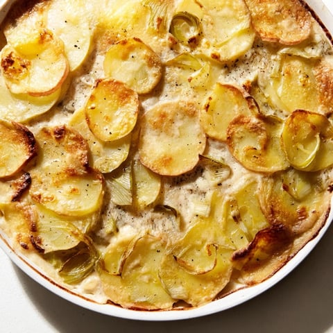 Creamy Potato and Leek Oven Gratin with a golden, bubbly cheese top, ready to serve.