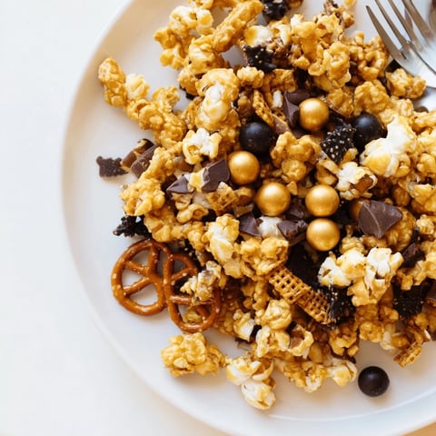 A bowl overflows with the festive Gold and Black Midnight Snack Mix, ready to enjoy.