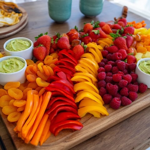 A colorful Rainbow Pride Spectrum grazing board overflowing with fresh fruits and veggies.