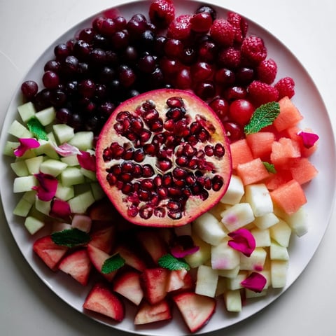 A vibrant pomegranate platter, showcasing a beautiful arrangement of fresh red and pink fruits.