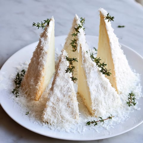 Snowcapped Range appetizer featuring Brie wedges dusted with snowy Parmesan for an elegant party snack.