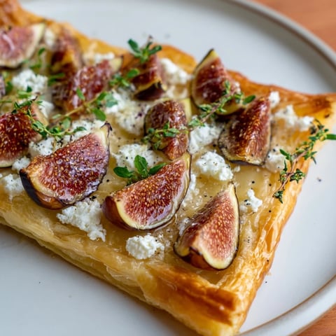 Golden-brown puff pastry truffle pizza with figs, creamy goat cheese, and a honey drizzle.