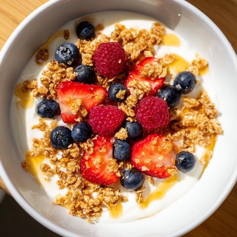 Cottage Cheese Hot Honey Bowl: A beautiful bowl of creamy cottage cheese with berries and a hot honey drizzle.