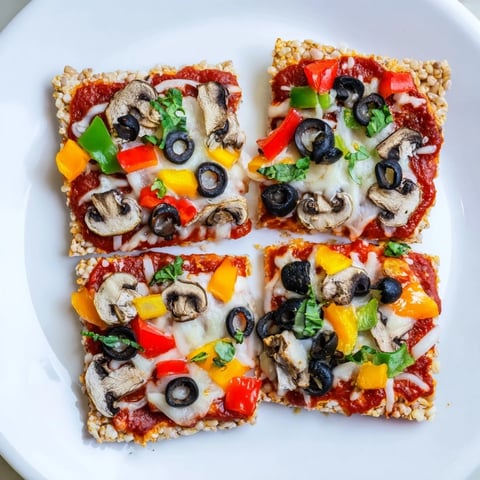 Golden, bubbly Rice Cake Pizza Squares, topped with melted cheese and fresh basil, ready to enjoy.