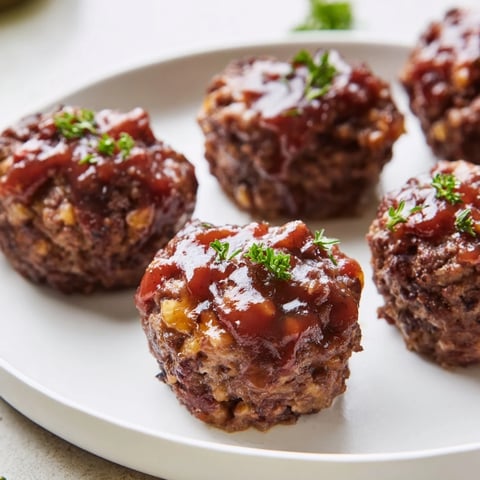 Juicy mini meatloaf bites glistening under a sweet glaze, perfect for a family dinner.