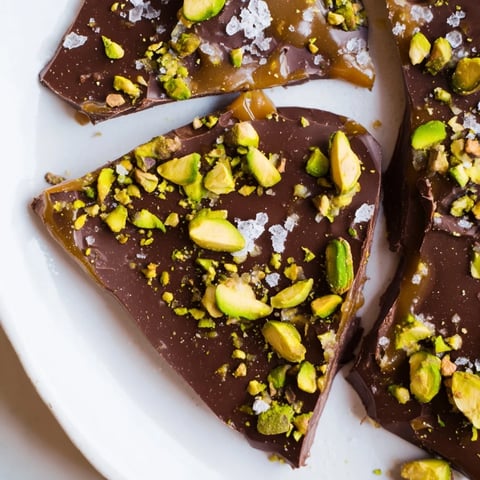 Pistachio Salted Caramel Bark: A close-up shows the decadent layers of caramel and chocolate.