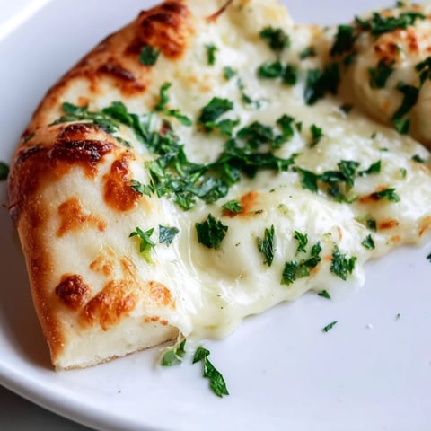 Ein würziges Creamy Garlic White Pizza mit knusprigem Rand, überzogen mit cremiger Knoblauchsauce und geschmolzenem Mozzarella.