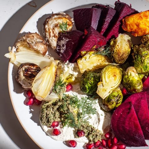 Earthy roasted vegetables and creamy labneh star on this delicious Pine Forest Winter Mezze Board.
