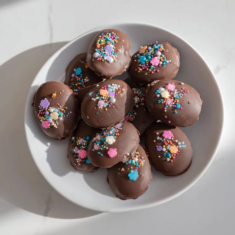 Brightly colored Easter egg candy, beautifully decorated with sprinkles, a fun dessert idea.