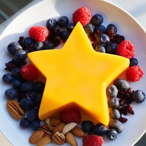 This beautiful shooting star cheese board boasts a cheddar star with a colorful berry tail.