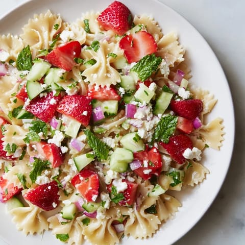 Close-up of Strawberry Feta Pasta: juicy strawberries and creamy feta in a refreshing pasta salad.