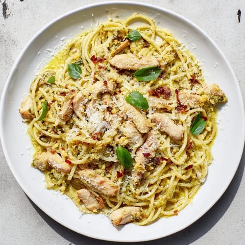 A close-up of steaming Pesto Egg and Chicken Pasta with fresh basil and Parmesan cheese.