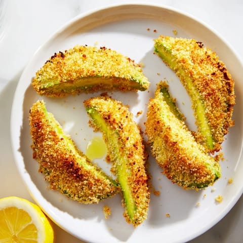 Close-up of golden, crispy baked avocado fries showing the perfectly fried exterior, an easy appetizer.