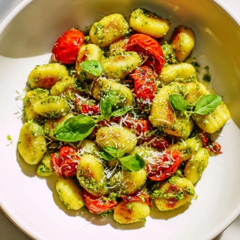 A close-up of Crispy Gnocchi with Pesto, showing the texture and fresh ingredients in this Italian meal.