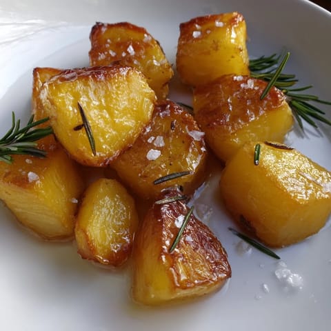 Close-up of perfectly cooked Beef Tallow Roasted Potatoes: fluffy inside, with crispy, golden edges.
