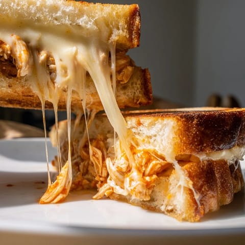 A gooey, delicious Chili Crisp Honey Chicken Grilled Cheese, with close-up shot of crispy bread and filling.