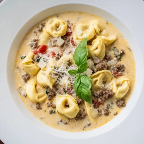 A steaming bowl of tortellini beef soup, garnished with Parmesan and fresh basil, inviting.