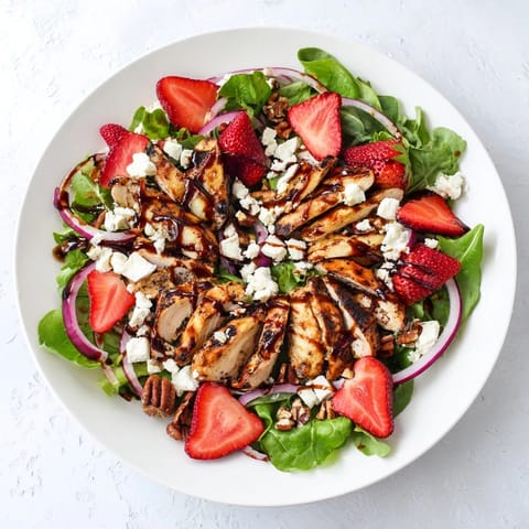 Saftiges Strawberry Balsamic Chicken Salad mit cremigem Feta, knusprigen Nüssen und einem süß-sauren Balsamico-Dressing.