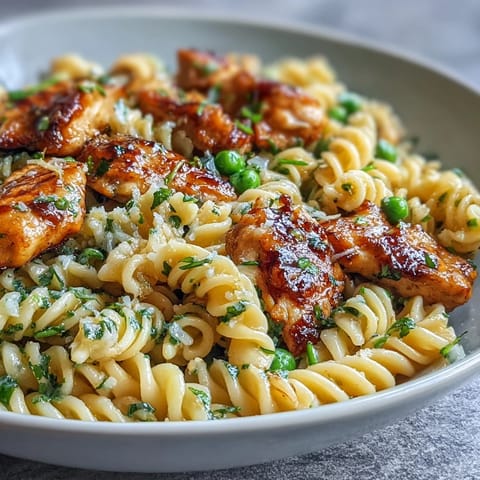 A skillet of Garlic Butter Chicken & Pea Pasta with fresh lemon zest and parsley garnish, ready to serve on a dinner table.