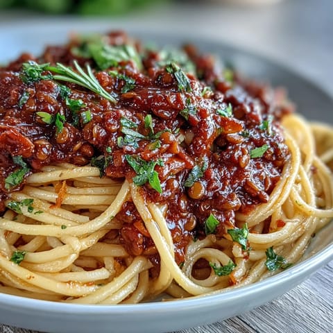 Hearty Lentil Bolognese simmered with tomatoes and herbs, ready to be tossed with al dente pasta.