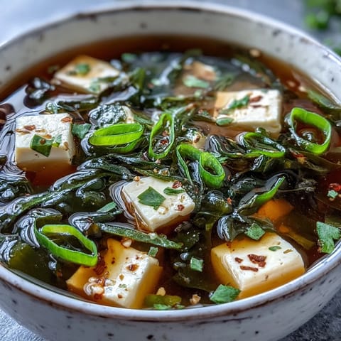 Herzhafter traditioneller japanischer Miso Suppe mit seidigem Tofu, perfekt serviert.